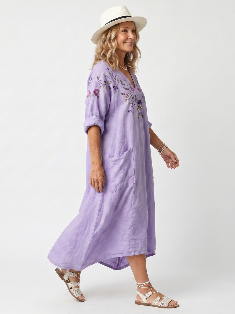 Tavi | Vestido Midi Oversize Bordado de Flores con Bolsillos