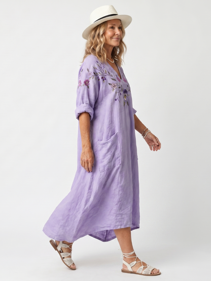 Tavi | Vestido Midi Oversize Bordado de Flores con Bolsillos