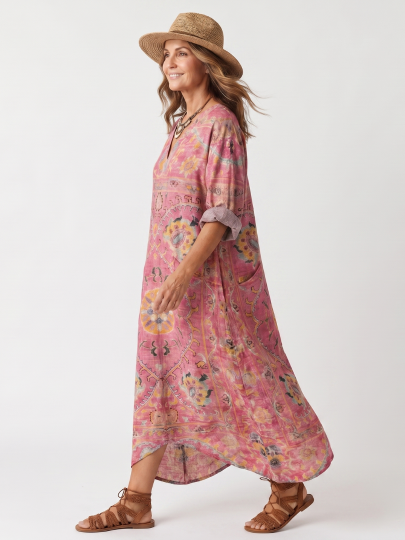 Tilda | Vestido Midi Casual con Estampado Abstracto y Bolsillos