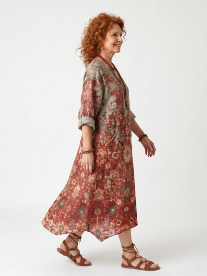 Azafrán | Vestido Midi Informal con Estampado Mixto y Bolsillos