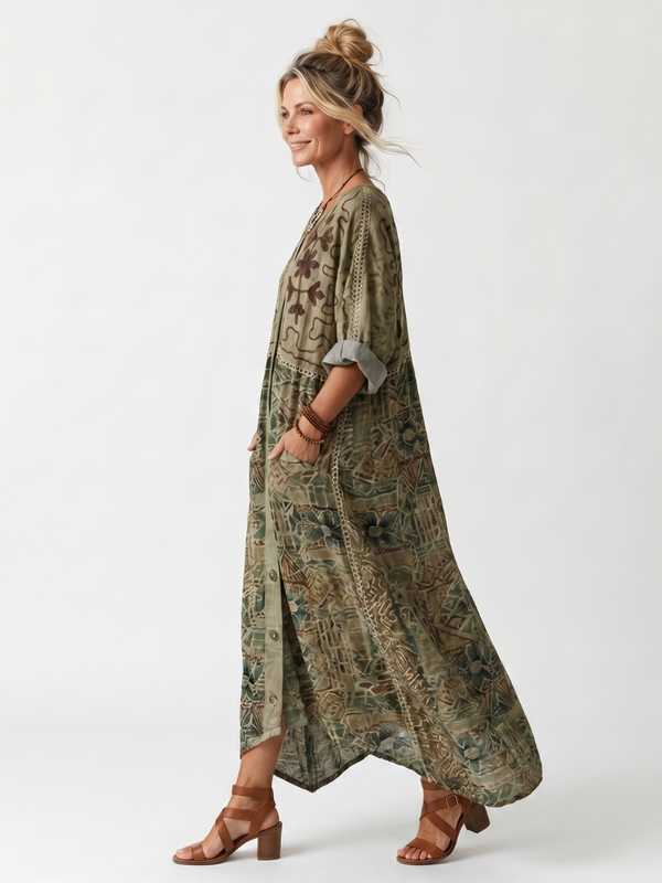 Aleta | Vestido Midi Oversize Botonado Bordado con Bolsillos