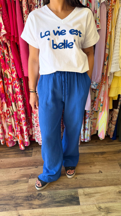 Pantalón de gasa de algodón azul rey CURVY