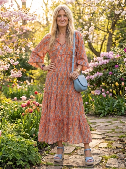 Amara | Vestido Midi de Volantes con Escote en V de Estampado Geométrico