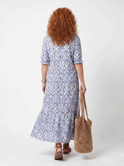 Ottoline | Vestido Midi Impreso con Cuello Atado y Pompones