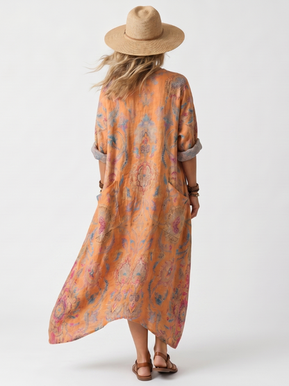 Remi | Vestido Midi Oversize con Cuello Con Escote Impreso y Bolsillos