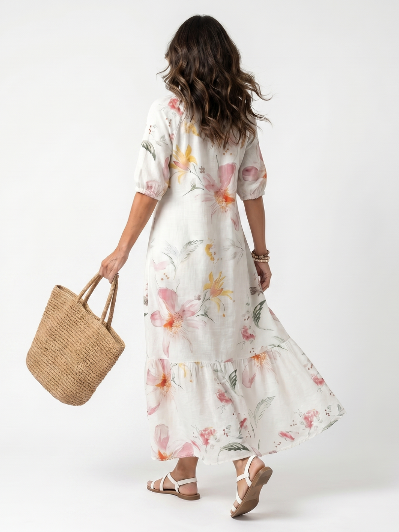 Noa | Vestido Midi de Volantes y Pompones con Estampado Floral Suave