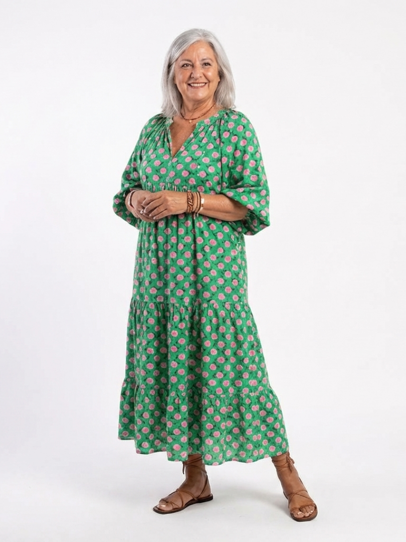 Fiora | Vestido Midi de Volantes con Escote en V Estampado Floral