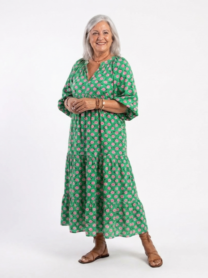 Fiora | Vestido Midi de Volantes con Escote en V Estampado Floral