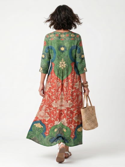 Sloane | Vestido Midi de Cuello en V Impreso Mixto con Bolsillos