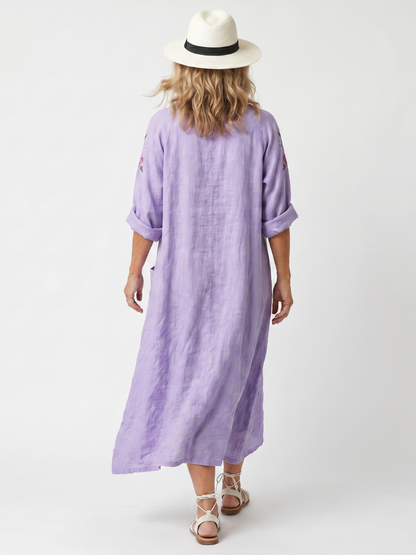Tavi | Vestido Midi Oversize Bordado de Flores con Bolsillos