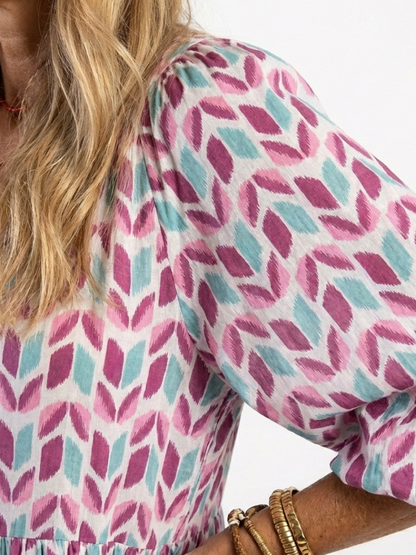 Mireya | Vestido Midi con Volantes de Manga Larga Estampado Geométrico