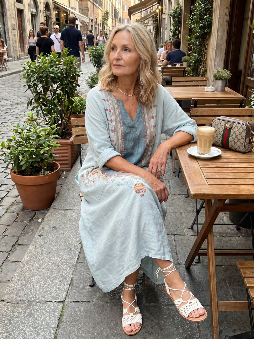 Kassiani | Vestido Midi Oversize con Bordado Ornamental y Bolsillos