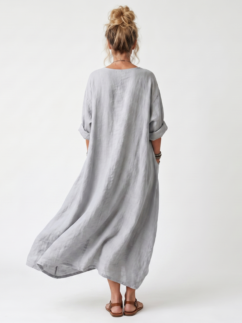 Raina | Vestido Midi Oversize con Empalme Contrastante Bordado y Bolsillos