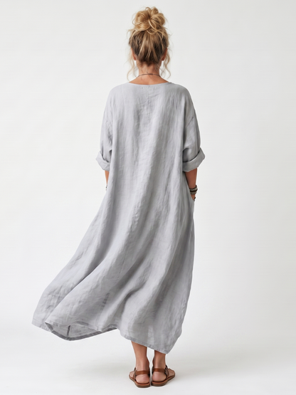 Raina | Vestido Midi Oversize con Empalme Contrastante Bordado y Bolsillos