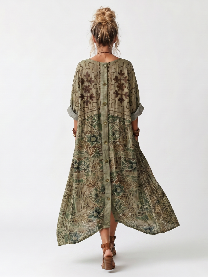 Aleta | Vestido Midi Oversize Botonado Bordado con Bolsillos