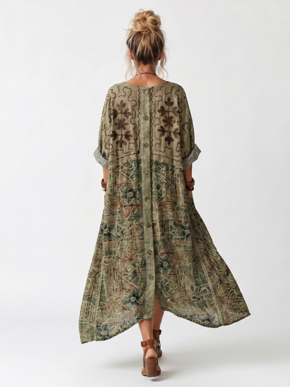 Aleta | Vestido Midi Oversize Botonado Bordado con Bolsillos