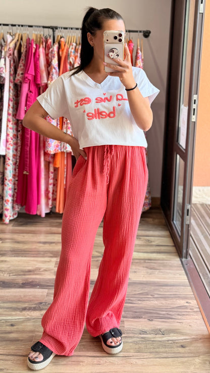 Pantalón de gasa de algodón coral CURVY