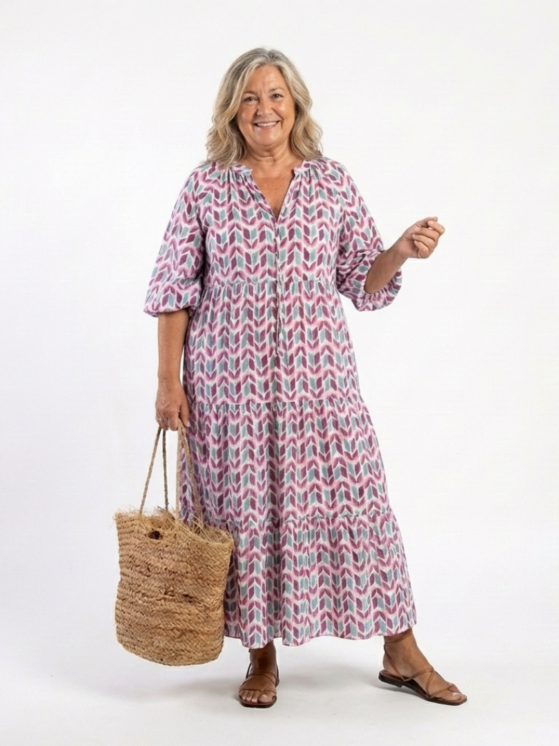 Mireya | Vestido Midi con Volantes de Manga Larga Estampado Geométrico