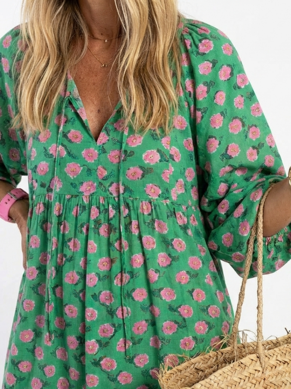 Fiora | Vestido Midi de Volantes con Escote en V Estampado Floral