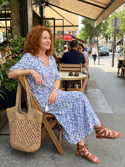 Ottoline | Vestido Midi Impreso con Cuello Atado y Pompones