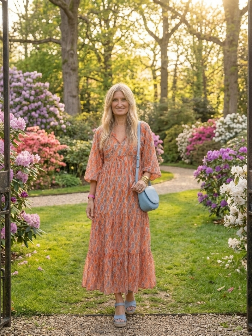 Amara | Vestido Midi de Volantes con Escote en V de Estampado Geométrico