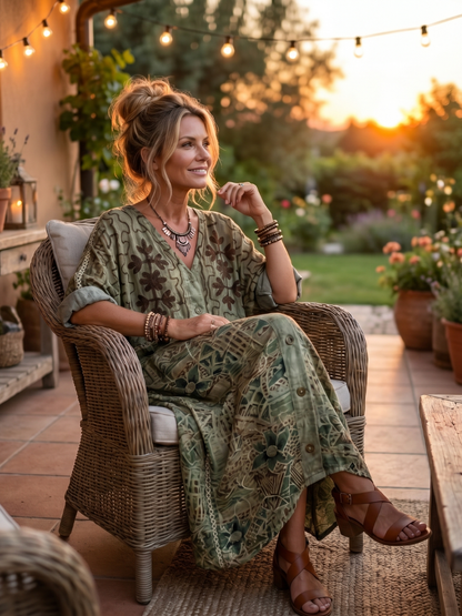 Aleta | Vestido Midi Oversize Botonado Bordado con Bolsillos