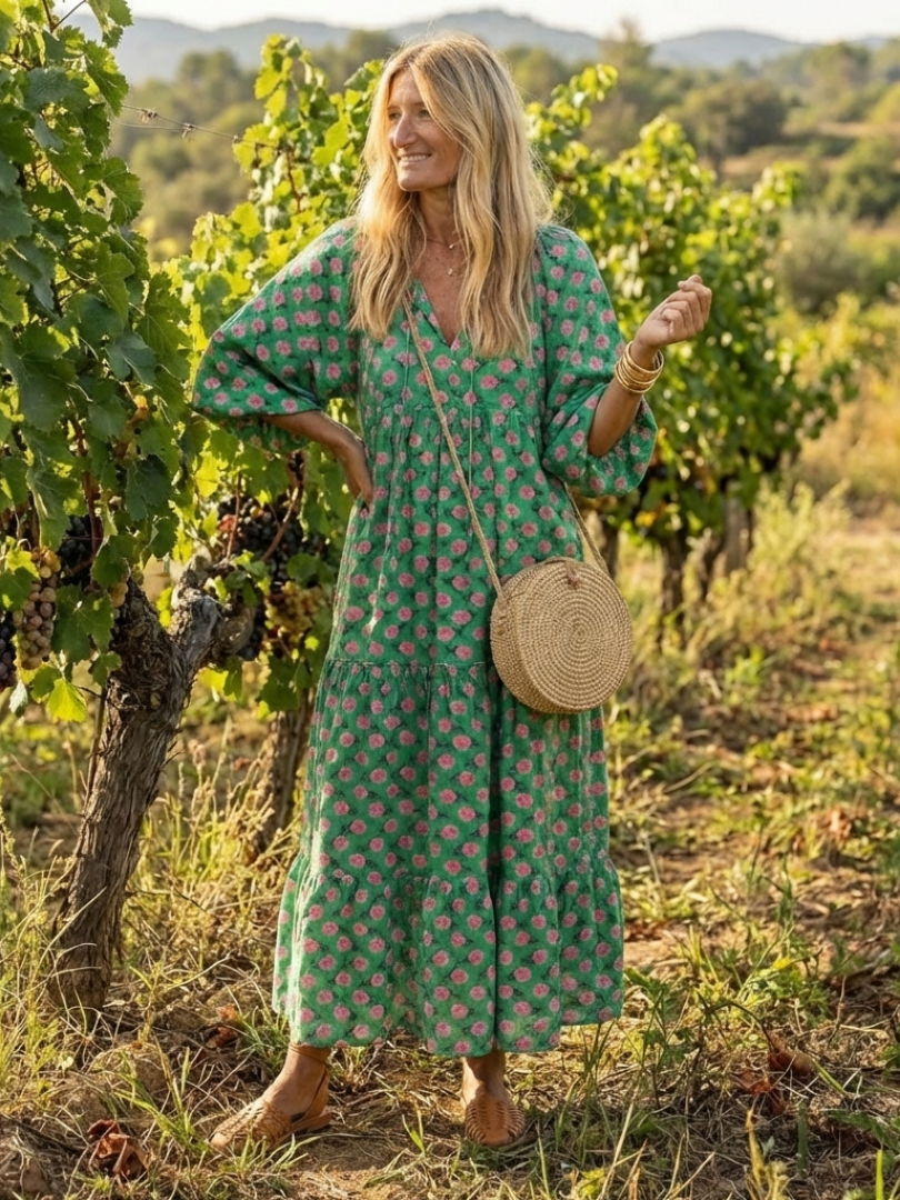 Fiora | Vestido Midi de Volantes con Escote en V Estampado Floral