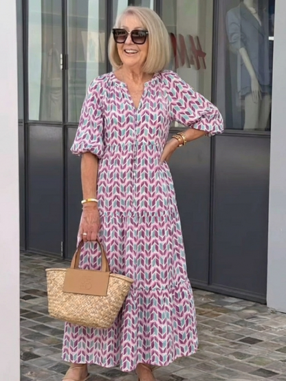 Mireya | Vestido Midi con Volantes de Manga Larga Estampado Geométrico