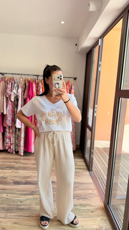 Pantalón de gasa de algodón beige CURVY