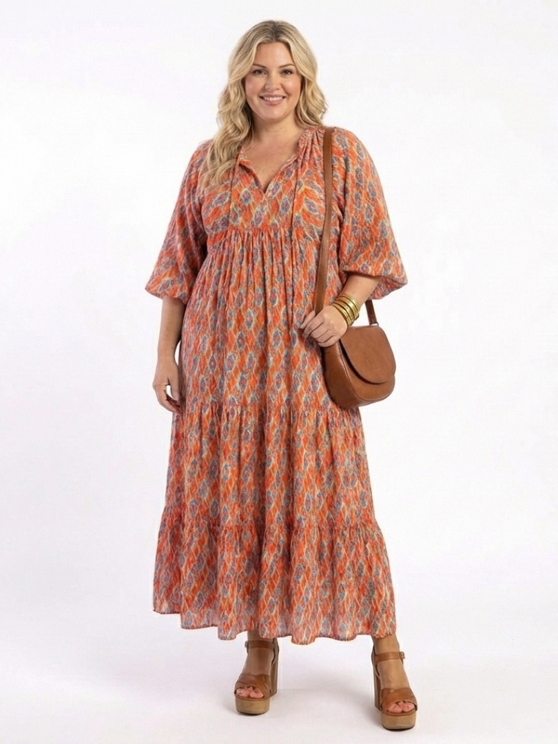 Amara | Vestido Midi de Volantes con Escote en V de Estampado Geométrico