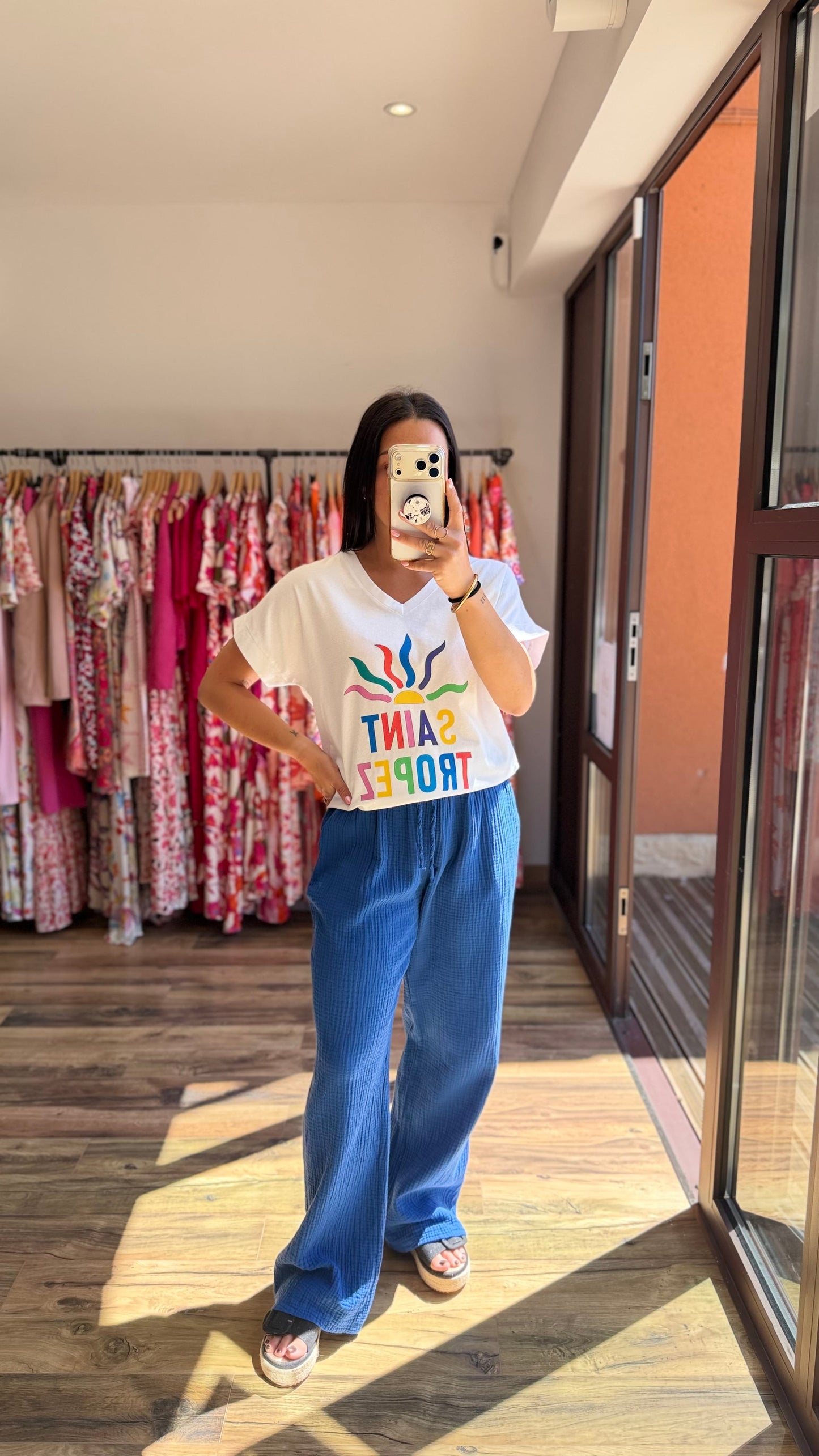 Pantalón de gasa de algodón azul rey CURVY