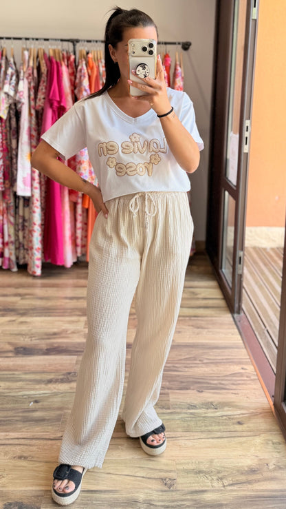 Pantalón de gasa de algodón beige CURVY