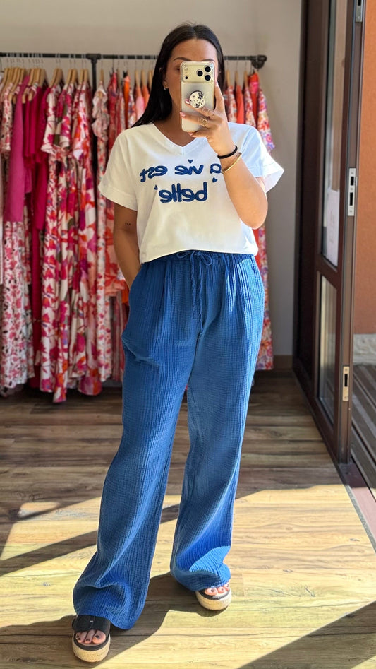 Pantalón de gasa de algodón azul rey CURVY
