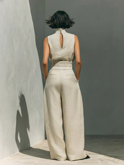 Flor™ | Conjunto minimalista de top y pantalones de pierna ancha en algodón y lino para mujer