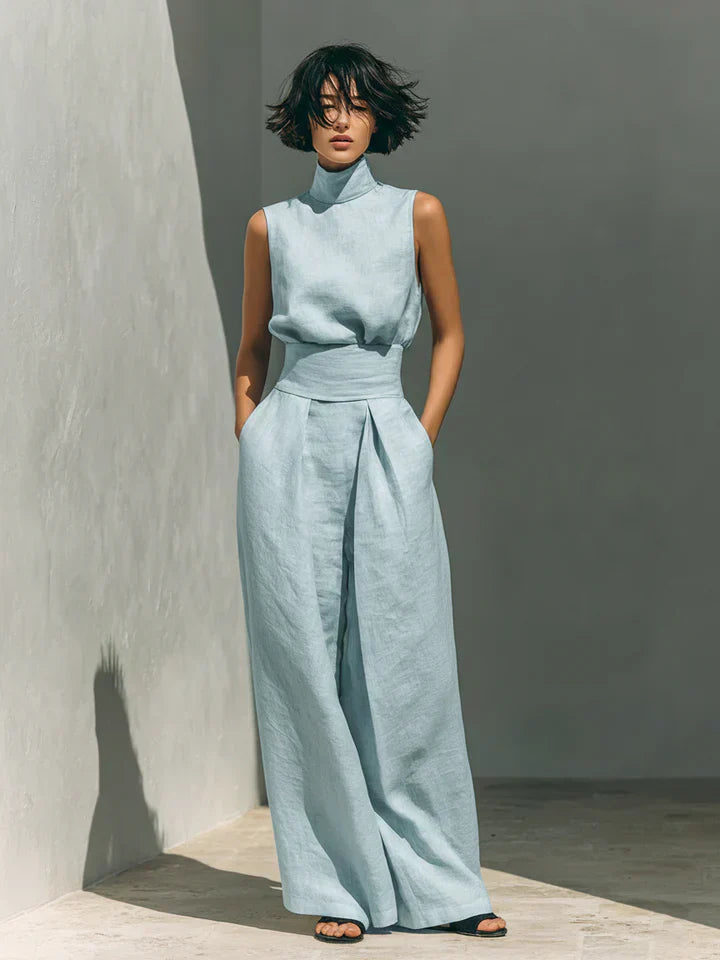 Flor™ | Conjunto minimalista de top y pantalones de pierna ancha en algodón y lino para mujer
