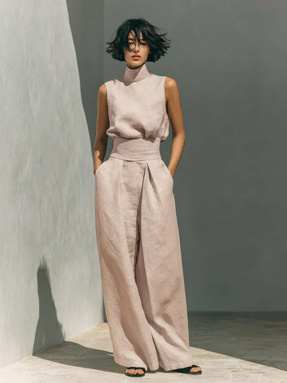 Flor™ | Conjunto minimalista de top y pantalones de pierna ancha en algodón y lino para mujer