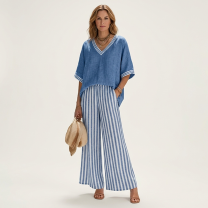 Giselle | Conjunto de escote en V y pantalones anchos a rayas
