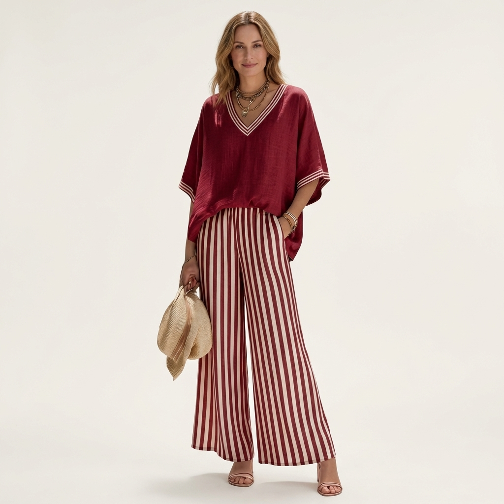 Giselle | Conjunto de escote en V y pantalones anchos a rayas