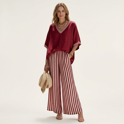Giselle | Conjunto de escote en V y pantalones anchos a rayas