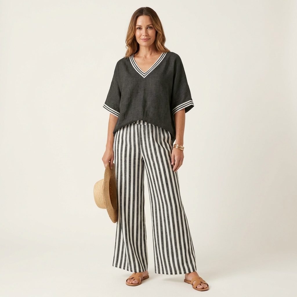 Giselle | Conjunto de escote en V y pantalones anchos a rayas