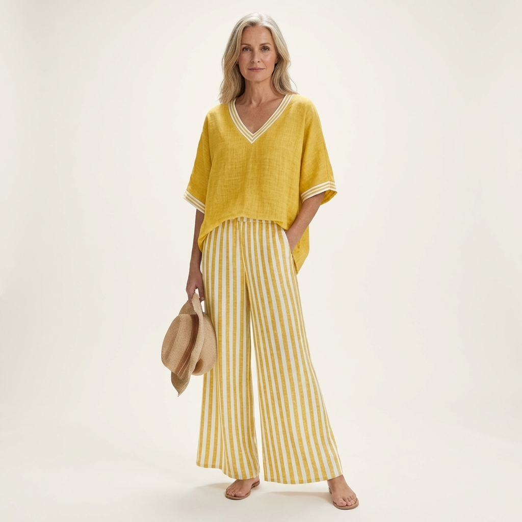 Giselle | Conjunto de escote en V y pantalones anchos a rayas
