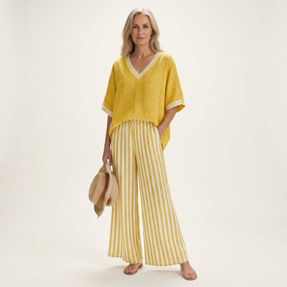 Giselle | Conjunto de escote en V y pantalones anchos a rayas