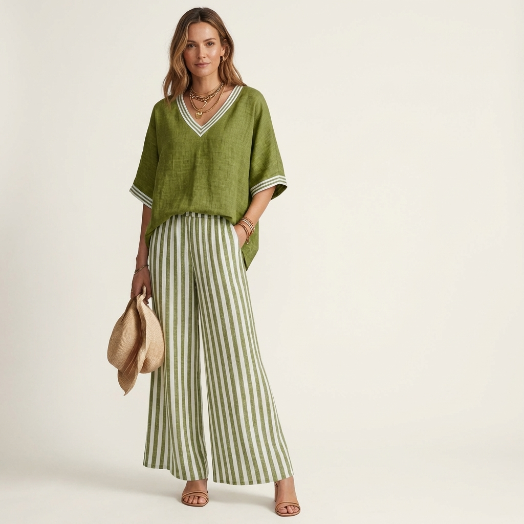 Giselle | Conjunto de escote en V y pantalones anchos a rayas