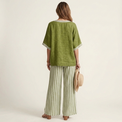 Giselle | Conjunto de escote en V y pantalones anchos a rayas