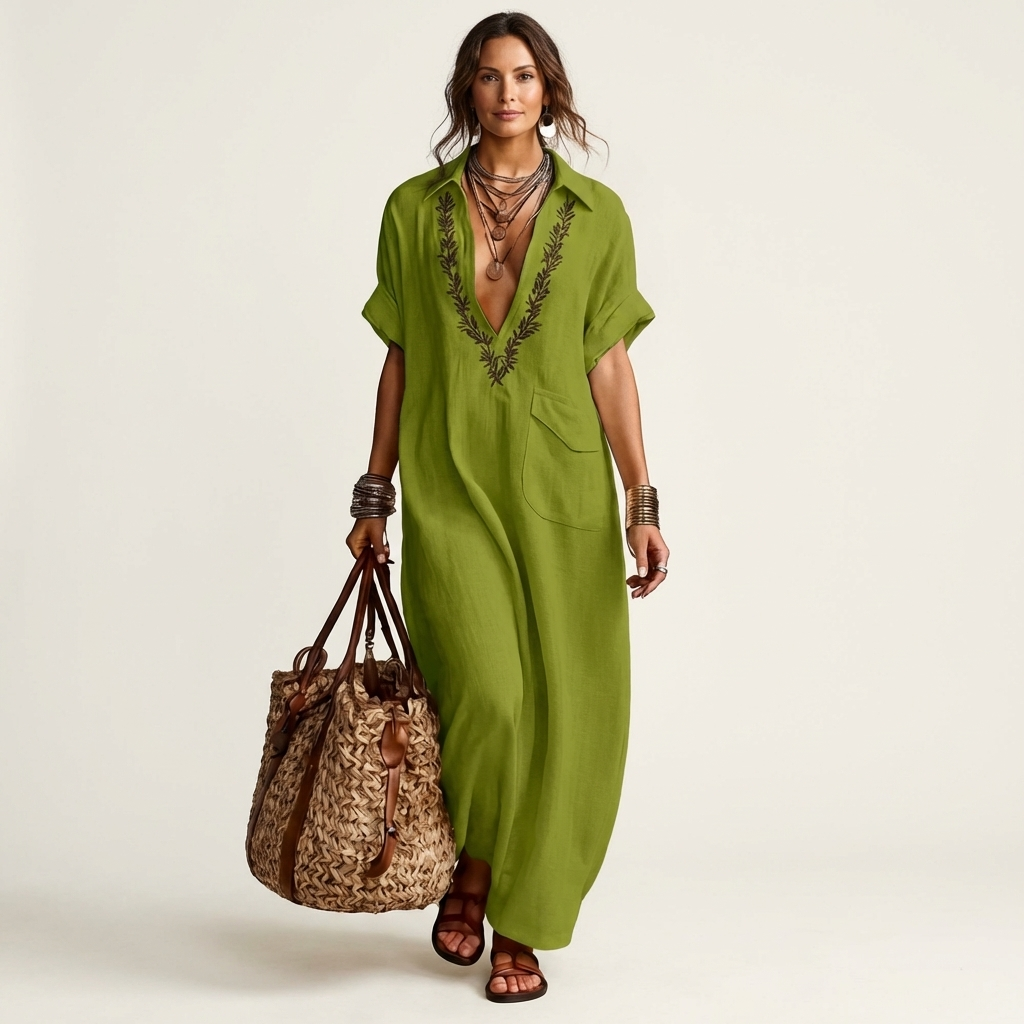 Petra | Vestido de lino con collar en V bordado
