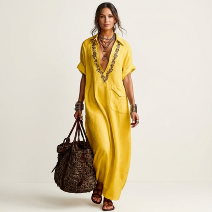 Petra | Vestido de lino con collar en V bordado