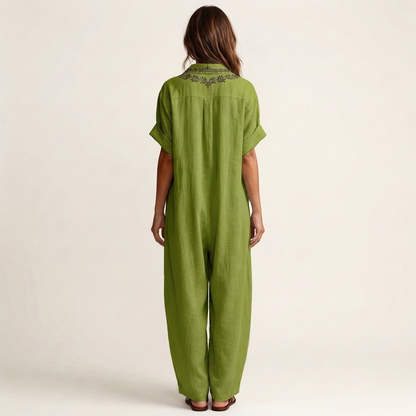Petra | Vestido de lino con collar en V bordado