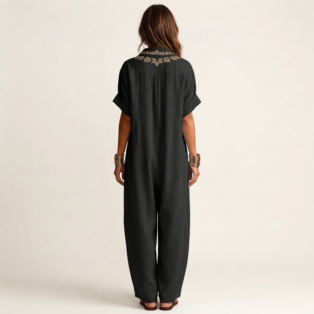 Petra | Vestido de lino con collar en V bordado