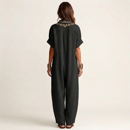 Petra | Vestido de lino con collar en V bordado