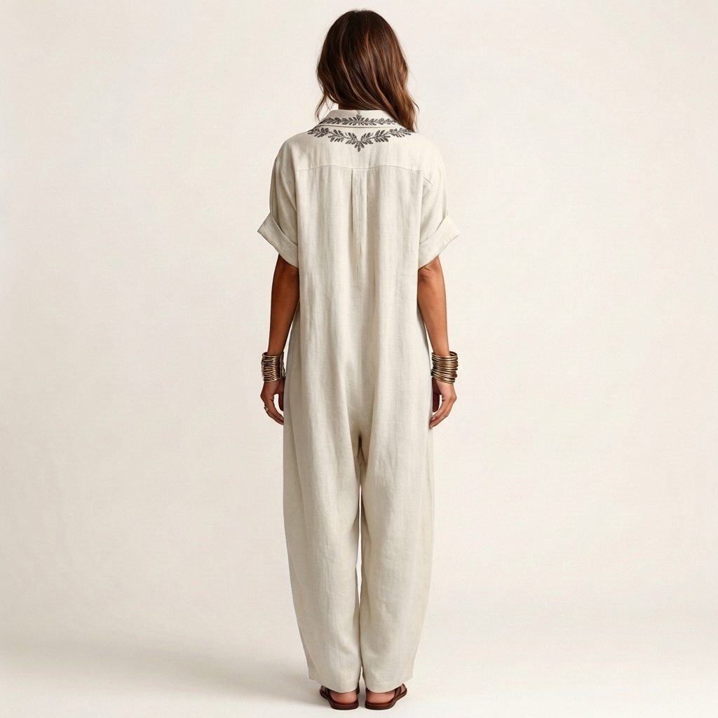 Petra | Vestido de lino con collar en V bordado